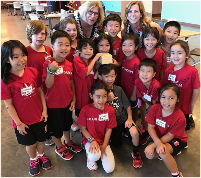 Students from Iolani’s first grade giving Primo Toys Cubetto robot a lot of love