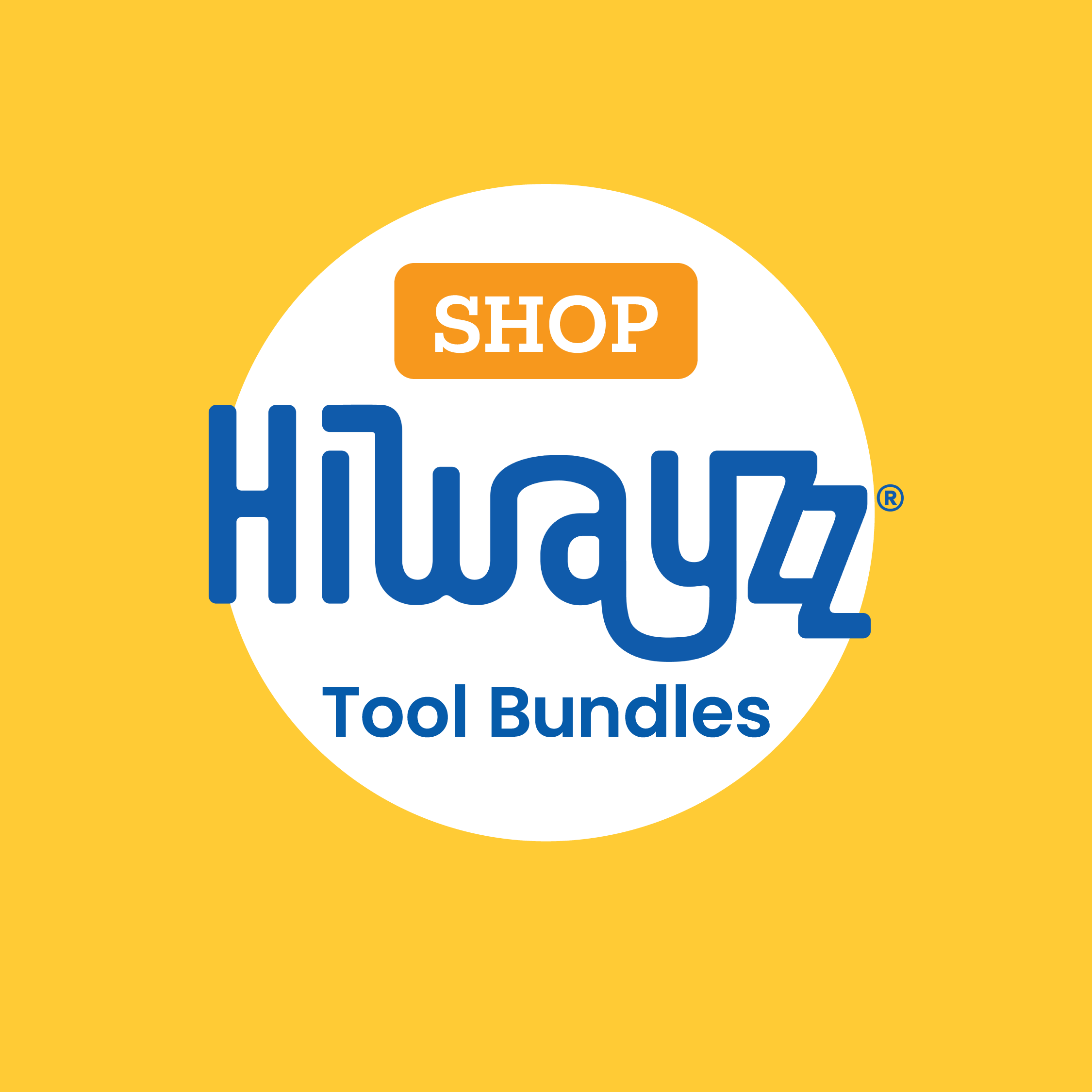 Yellow square with text: Shop Hiwayzz Tool Bundles
