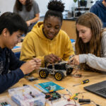 A group of high school students works on robotics while learning financial literacy concepts using Financial Literacy Money Management activity cards.