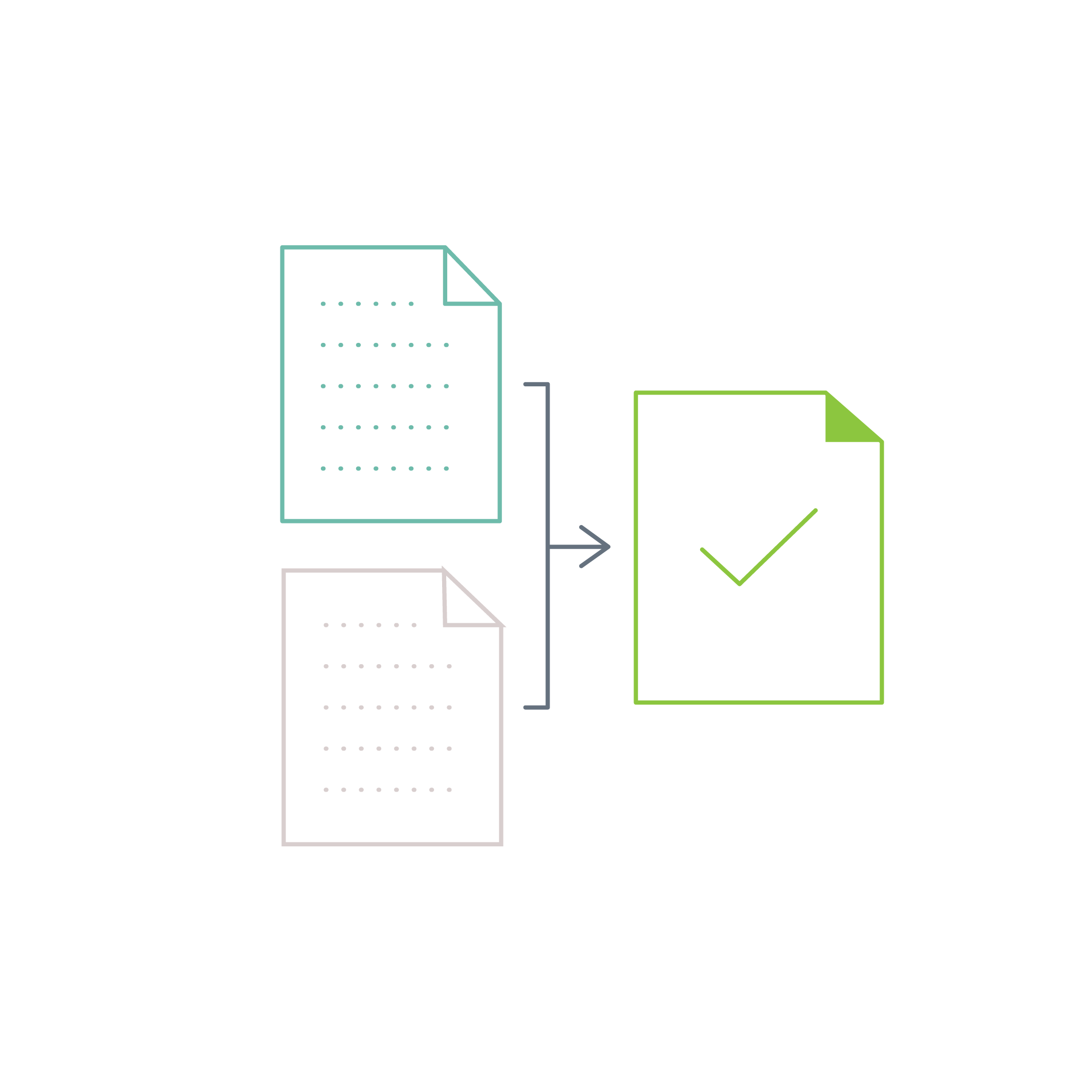 Documents merging into a checkmark document, representing curriculum standards alignment