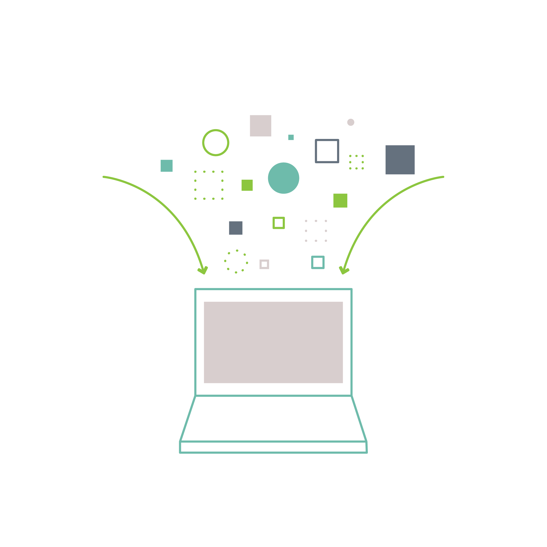 Various different shapes being put into a laptop, representing educational data gathering and research