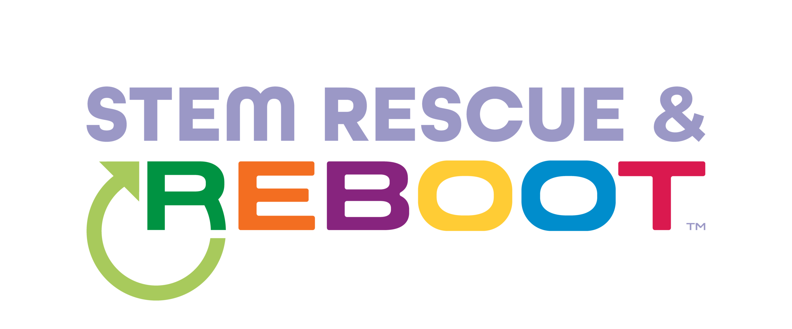 STEM Rescue & Reboot logo with STEM RESCUE & in lavender above REBOOT in multicolor letters, with a green circular arrow looping around the R.